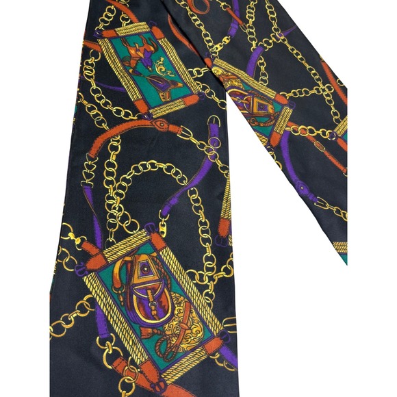 Accessories - Vintage Equestrian Chain Belt Print Oblong Scarf Black Green Gold Purple 60 Inch